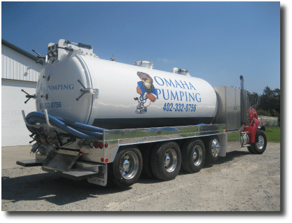 Omaha Pumping branded tanker truck with company logo and phone number 402-332-0756